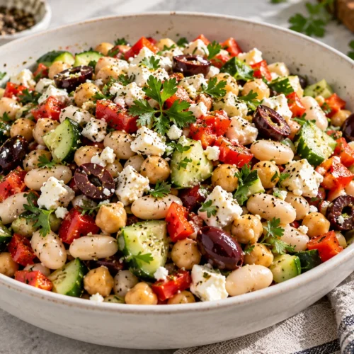 A colorful dense bean salad with chickpeas, navy beans, cucumbers, red peppers, olives, and feta in a white bowl on a stone counter.