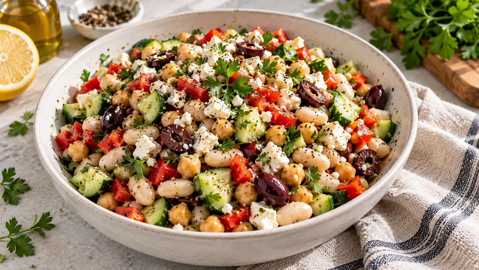 A colorful dense bean salad with chickpeas, navy beans, cucumbers, red peppers, olives, and feta in a white bowl on a stone counter.