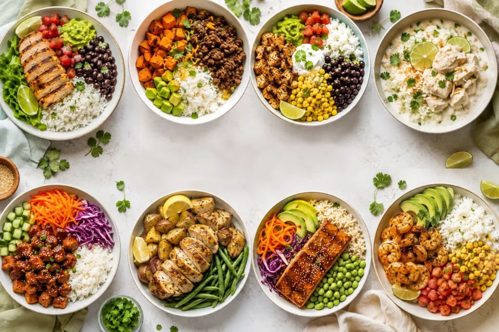 A collage of easy bowl recipes including chicken, beef, salmon, shrimp, rice, and sweet potato bowls