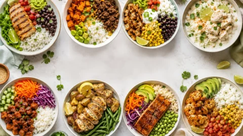 A collage of easy bowl recipes including chicken, beef, salmon, shrimp, rice, and sweet potato bowls