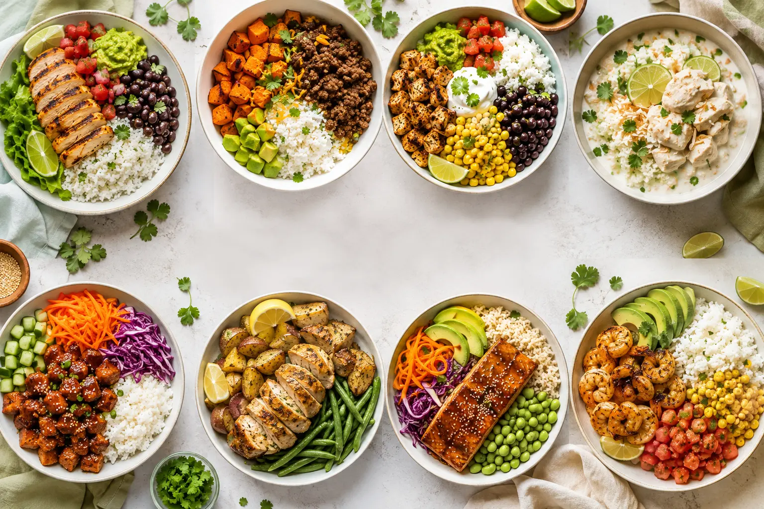 A collage of easy bowl recipes including chicken, beef, salmon, shrimp, rice, and sweet potato bowls