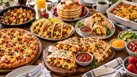 Easy breakfast for dinner ideas with pizza, quesadillas, tacos, pancakes, potatoes, burritos and casserole