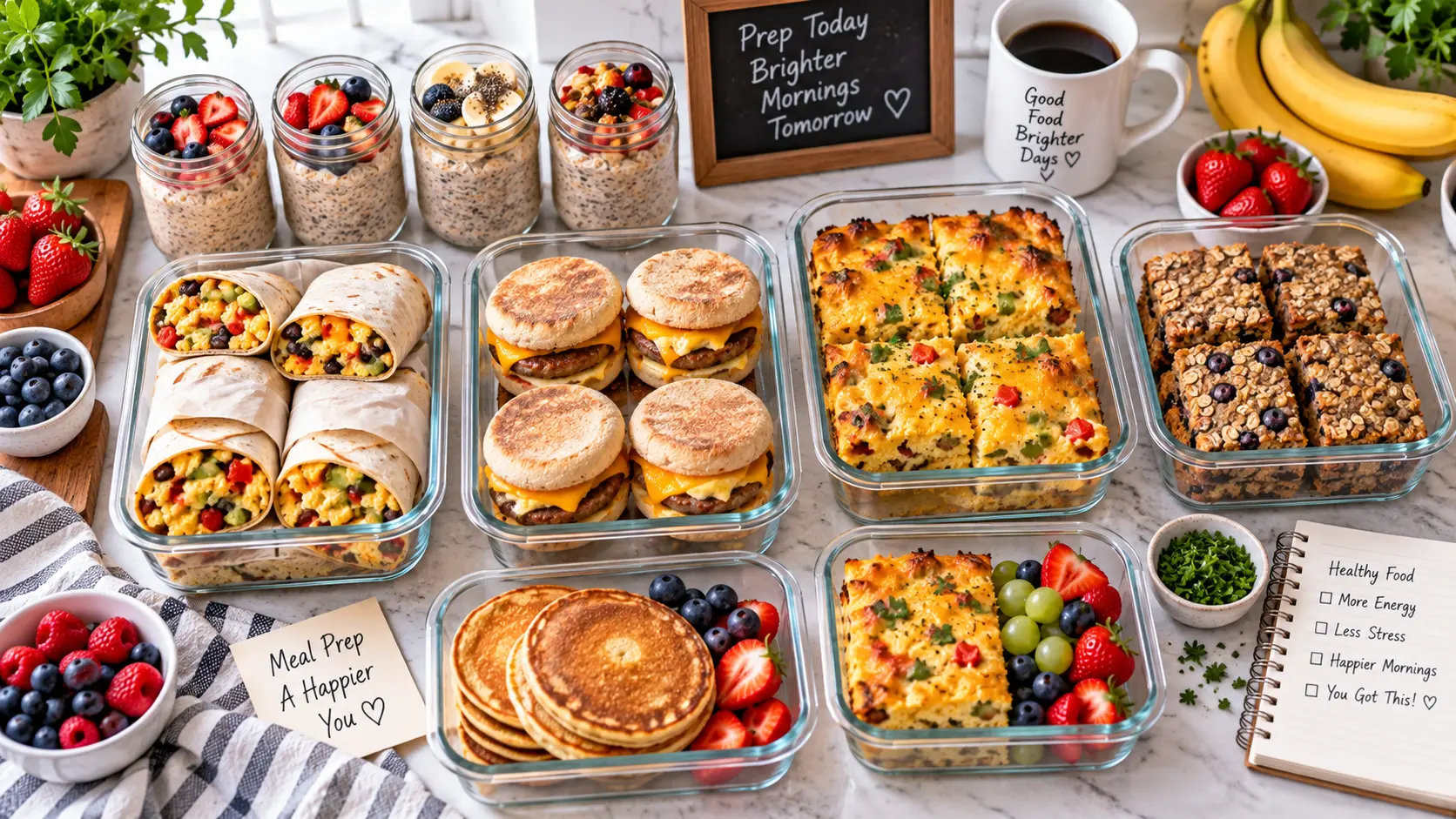 Easy breakfast meal prep ideas with burritos, overnight oats, sandwiches and pancakes