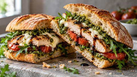 A chicken pesto sandwich cut in half, placed on a wooden board with arugula and balsamic glaze