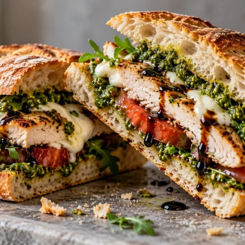 A chicken pesto sandwich cut in half, placed on a wooden board with arugula and balsamic glaze