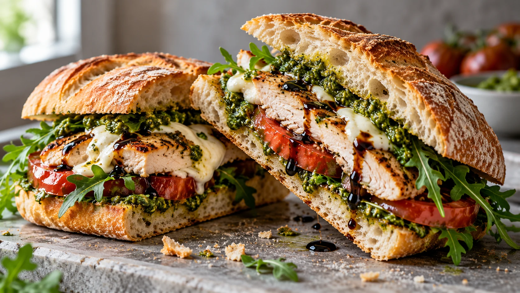 A chicken pesto sandwich cut in half, placed on a wooden board with arugula and balsamic glaze