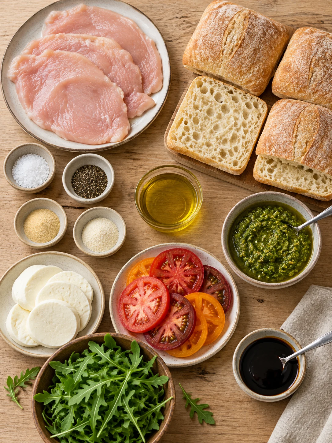 Raw ingredients for a chicken pesto sandwich, including chicken, ciabatta rolls, basil, mozzarella cheese, tomatoes, and arugula