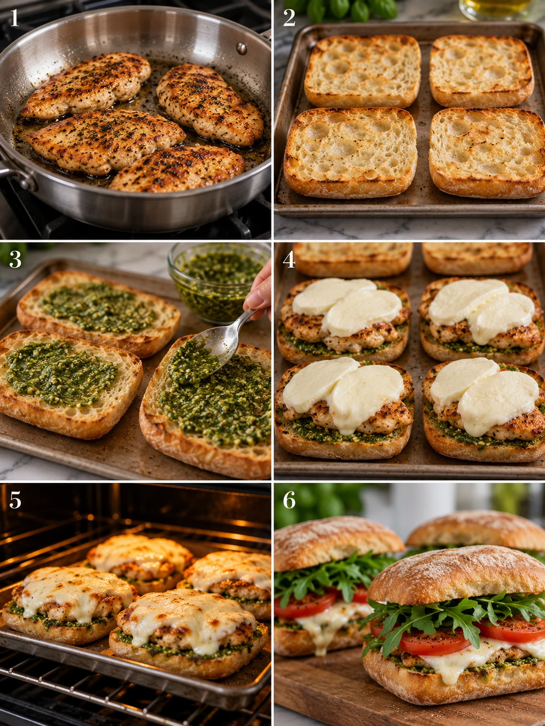 Step-by-step instructions for making a chicken pesto sandwich, including seasoning the chicken, cooking the chicken, toasting the ciabatta rolls, spreading pesto, assembling the sandwich, and serving
