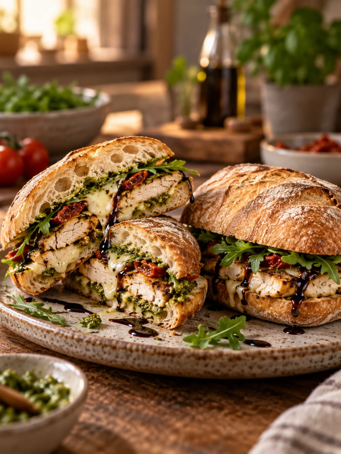 A chicken pesto sandwich wrapped in plastic wrap and stored in a refrigerator