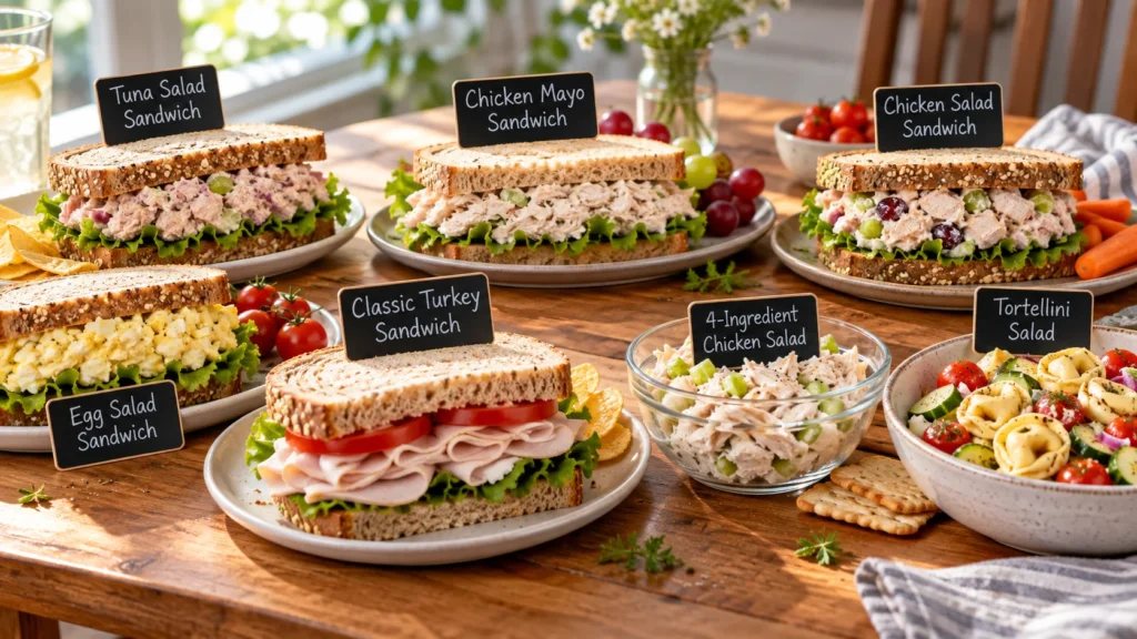 A variety of cold lunch ideas for kids, including sandwiches and salads, arranged on a dining table