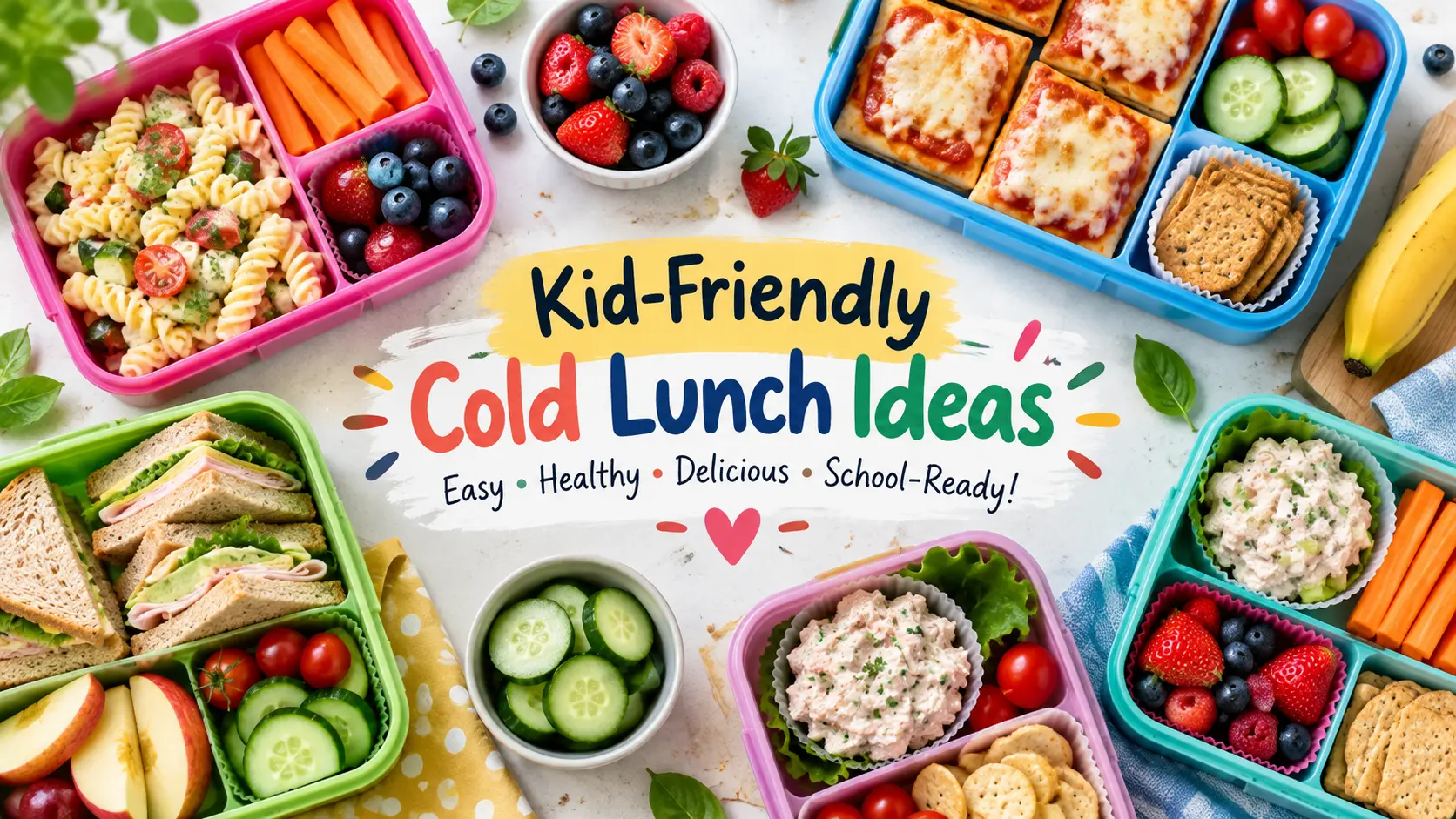 Cold lunch ideas for kids with pasta salad, sandwiches, pizza lunchables, fruit, and vegetables