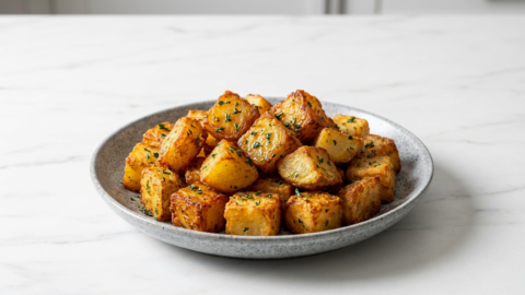 Crispy breakfast potatoes glazed in browned herb butter served in a minimalist ceramic bowl on a white marble surface with soft shadows.