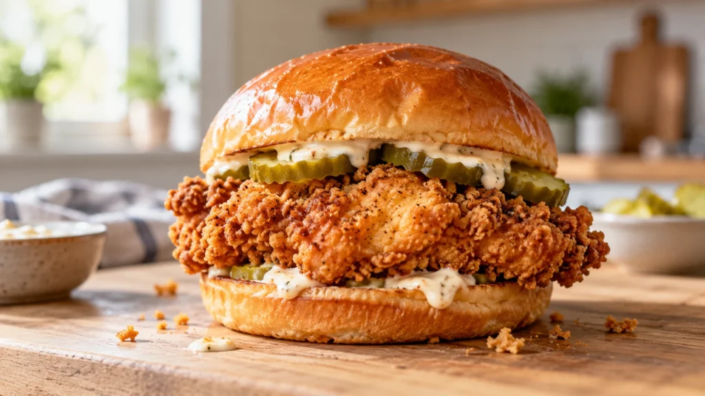 A crispy chicken sandwich on a Brioche bun with pickles and mayo-based sauce, placed on a light wood kitchen table