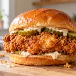 A crispy chicken sandwich on a Brioche bun with pickles and mayo-based sauce, placed on a light wood kitchen table