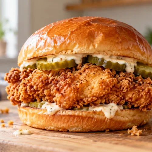 A crispy chicken sandwich on a Brioche bun with pickles and mayo-based sauce, placed on a light wood kitchen table