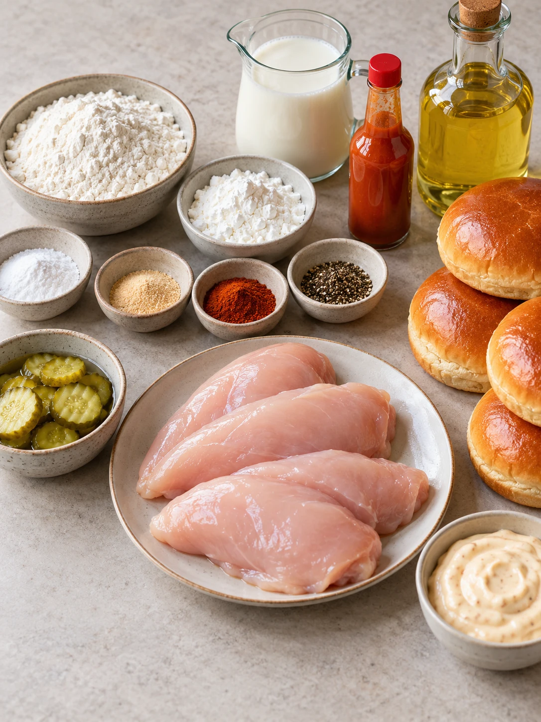Ingredients for the crispy chicken sandwich recipe, including chicken breasts, flour, spices, buttermilk, and buns