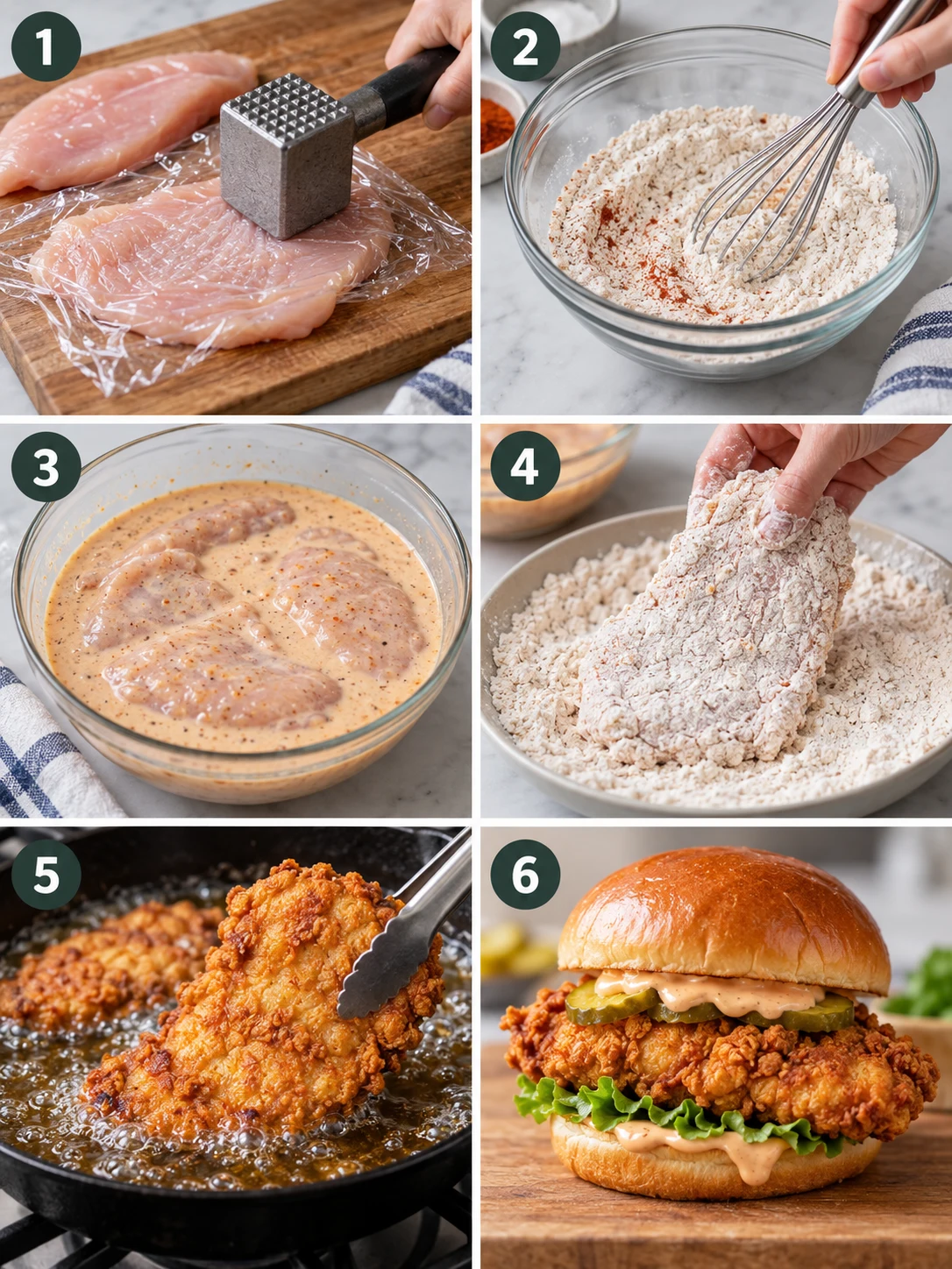 Step-by-step instructions for making the crispy chicken sandwich, including pounding, marinating, and frying the chicken