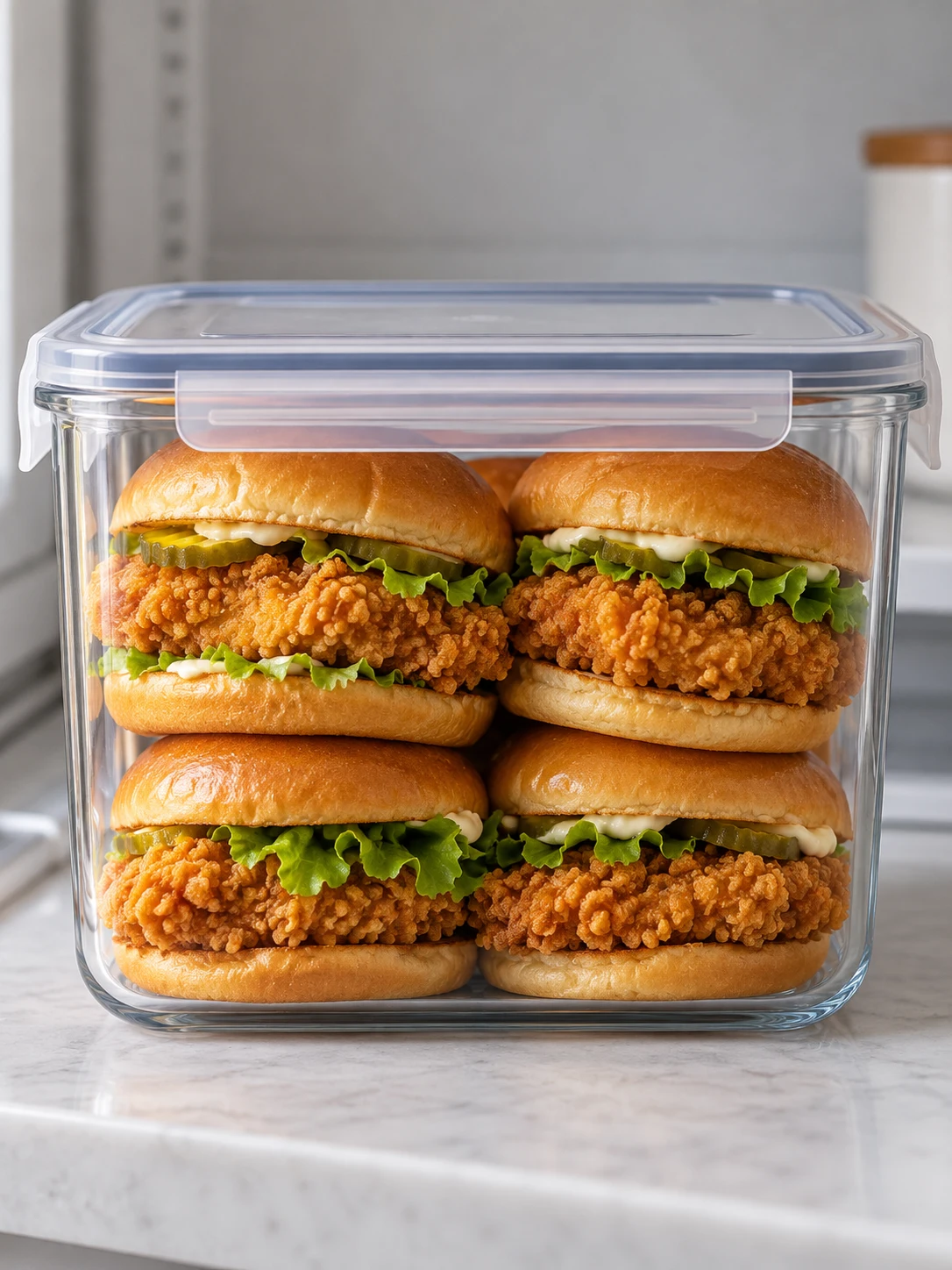 A storage container filled with crispy chicken sandwiches, placed on a kitchen counter