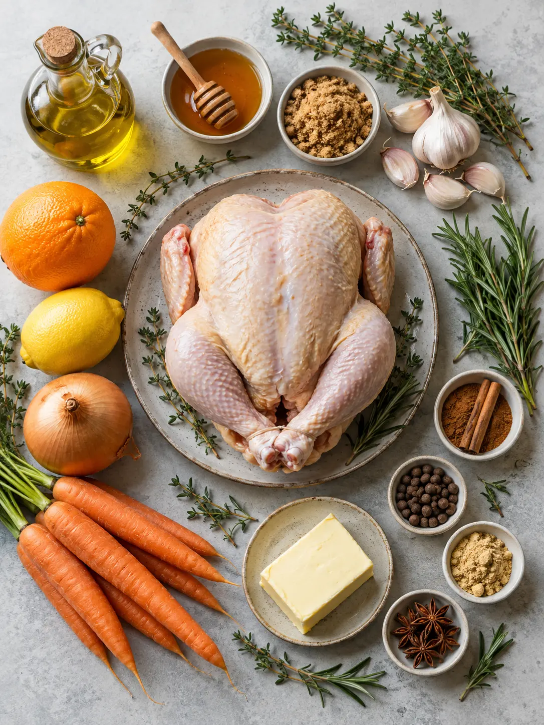 Flat-lay arrangement of fresh raw ingredients for preparing Easy Christmas Chicken Recipe