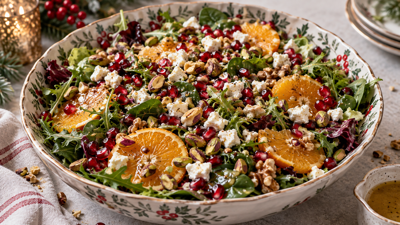 A beautifully styled, plated serving of homemade Easy Christmas Salad Recipe ready to enjoy