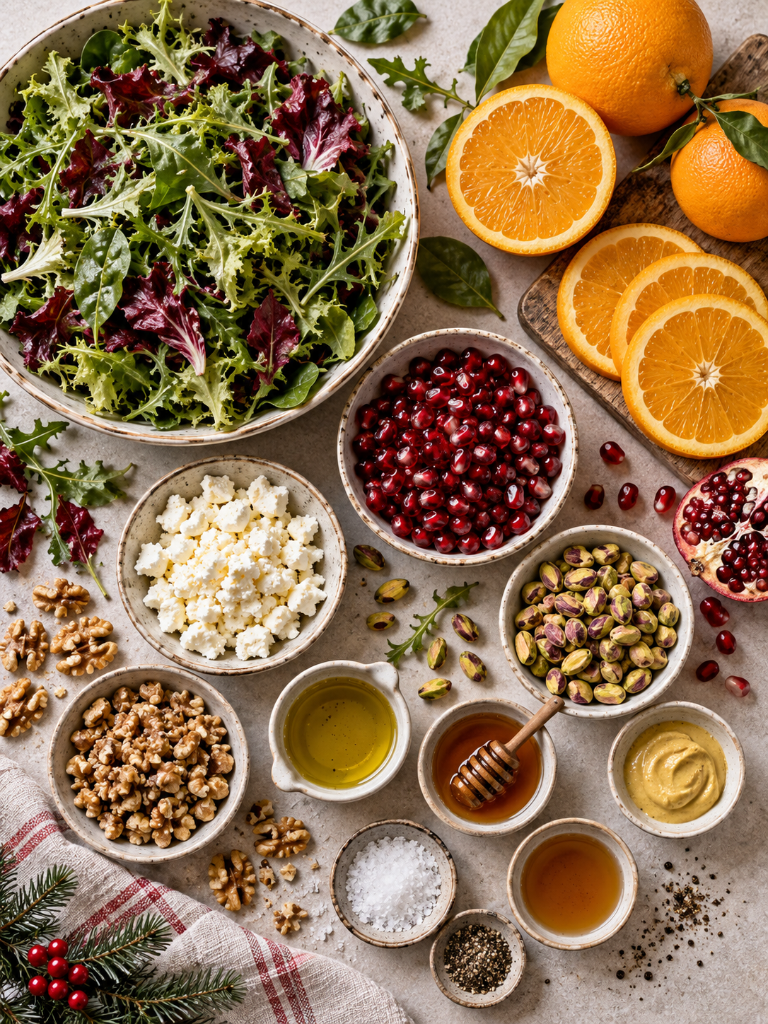 Flat-lay arrangement of fresh raw ingredients for preparing Easy Christmas Salad Recipe