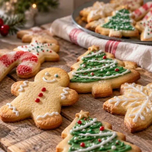 A beautifully styled, plated serving of homemade Easy Christmas Sugar Cookies Recipe ready to enjoy