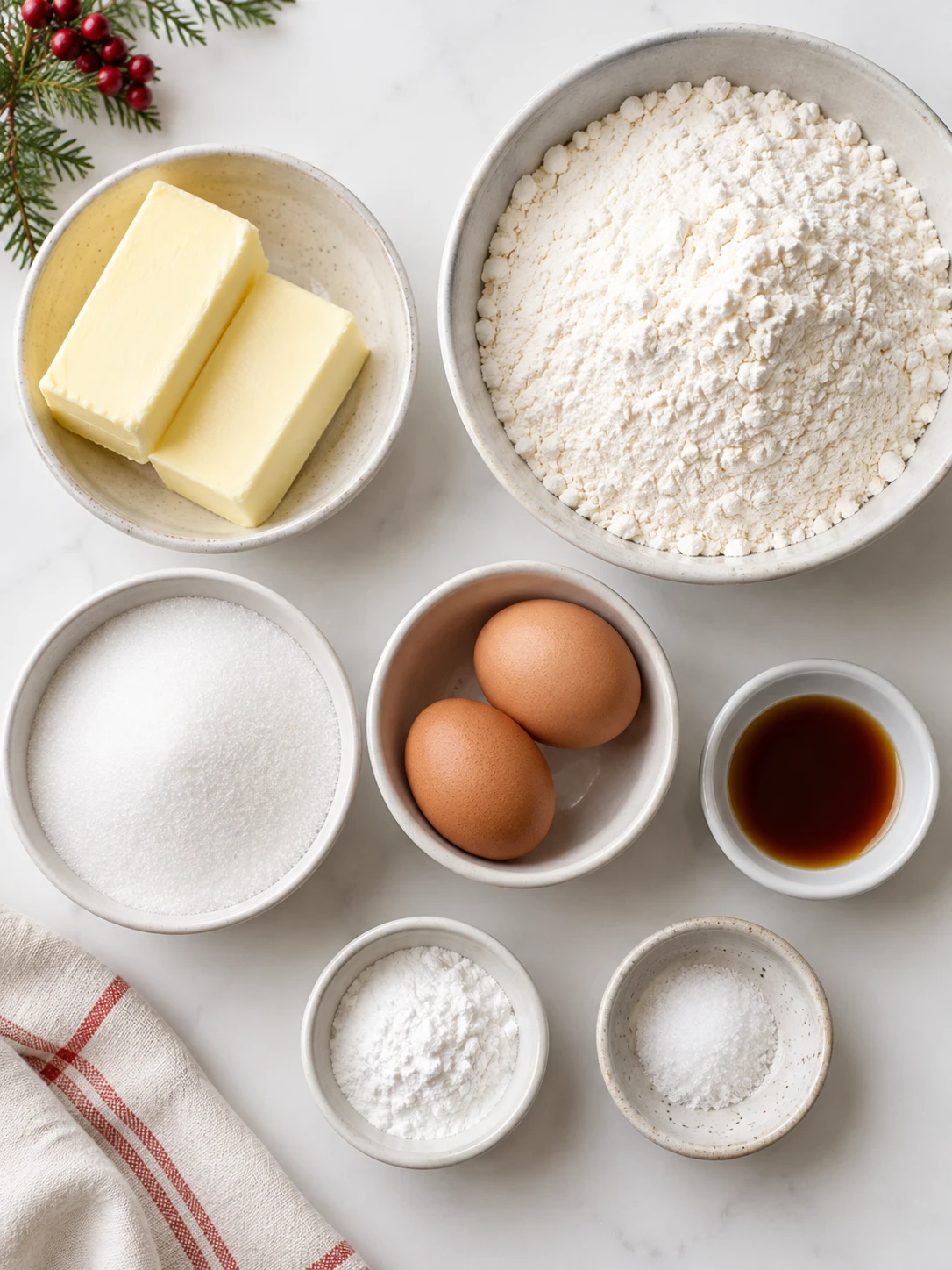Flat-lay arrangement of fresh raw ingredients for preparing Easy Christmas Sugar Cookies Recipe