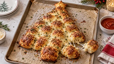 A beautifully styled, plated serving of homemade Easy Christmas Tree Pull Apart Bread ready to enjoy