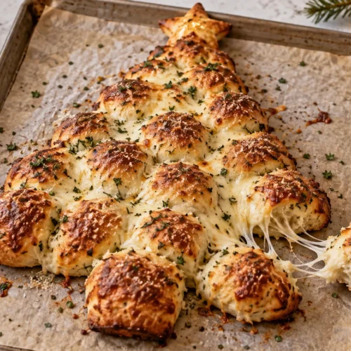 A beautifully styled, plated serving of homemade Easy Christmas Tree Pull Apart Bread ready to enjoy