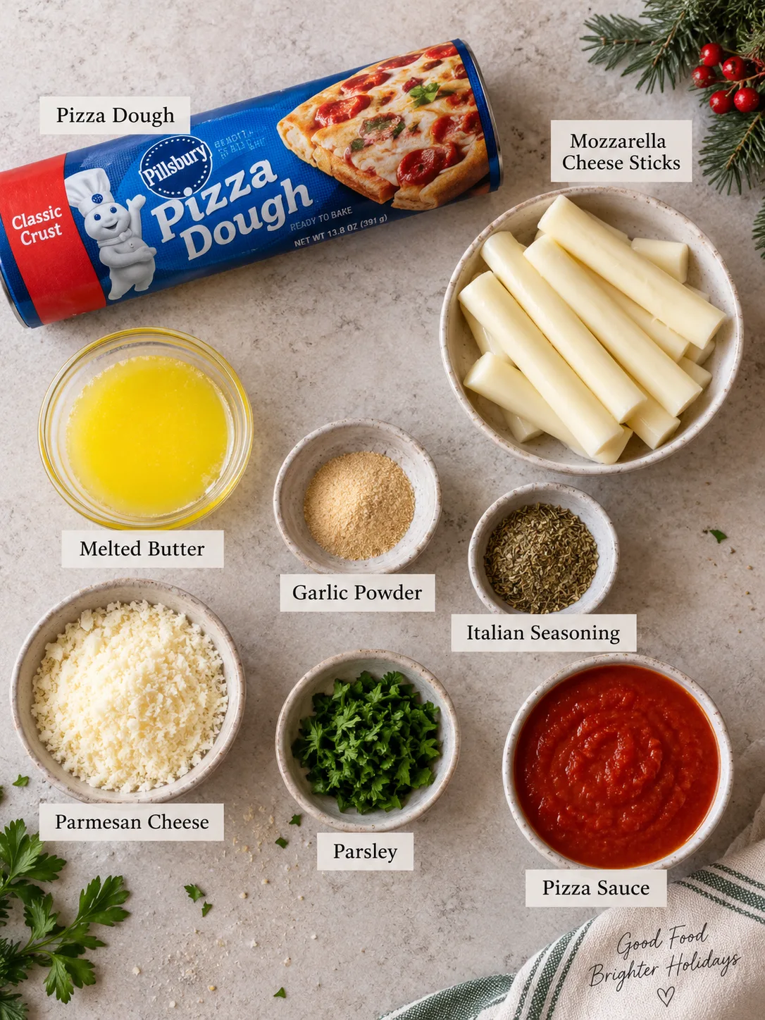 Flat-lay arrangement of fresh raw ingredients for preparing Easy Christmas Tree Pull Apart Bread