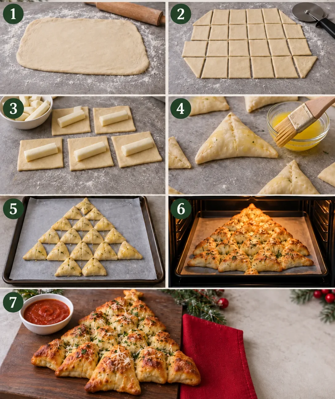 Step-by-step visual cooking guide showing key preparation stages for Easy Christmas Tree Pull Apart Bread