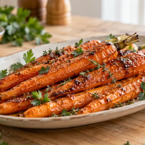 A beautifully styled, plated serving of homemade Easy Honey Glazed Carrots Recipe ready to enjoy