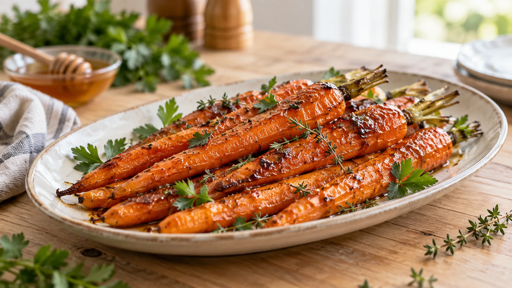 A beautifully styled, plated serving of homemade Easy Honey Glazed Carrots Recipe ready to enjoy