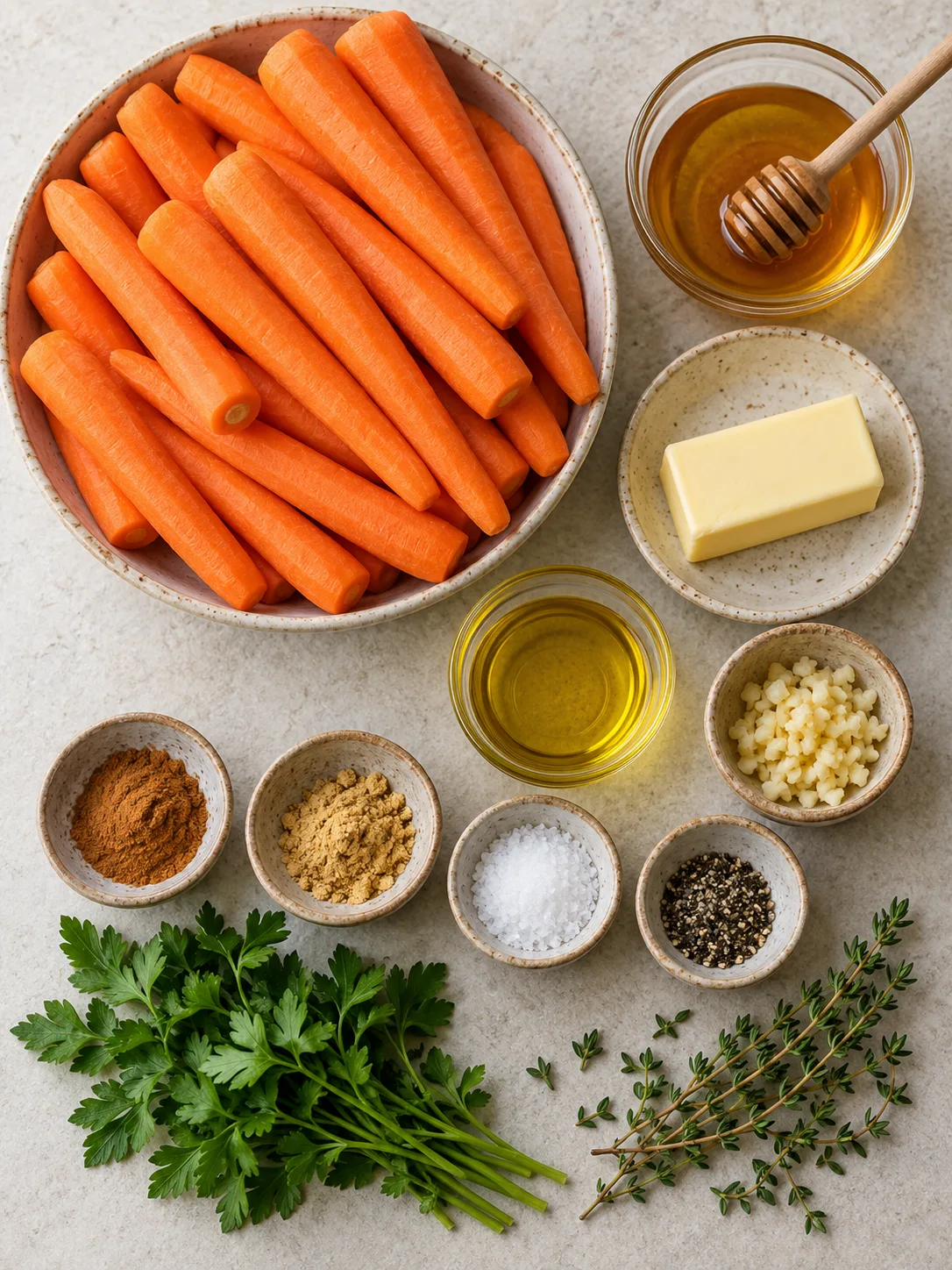 Flat-lay arrangement of fresh raw ingredients for preparing Easy Honey Glazed Carrots Recipe