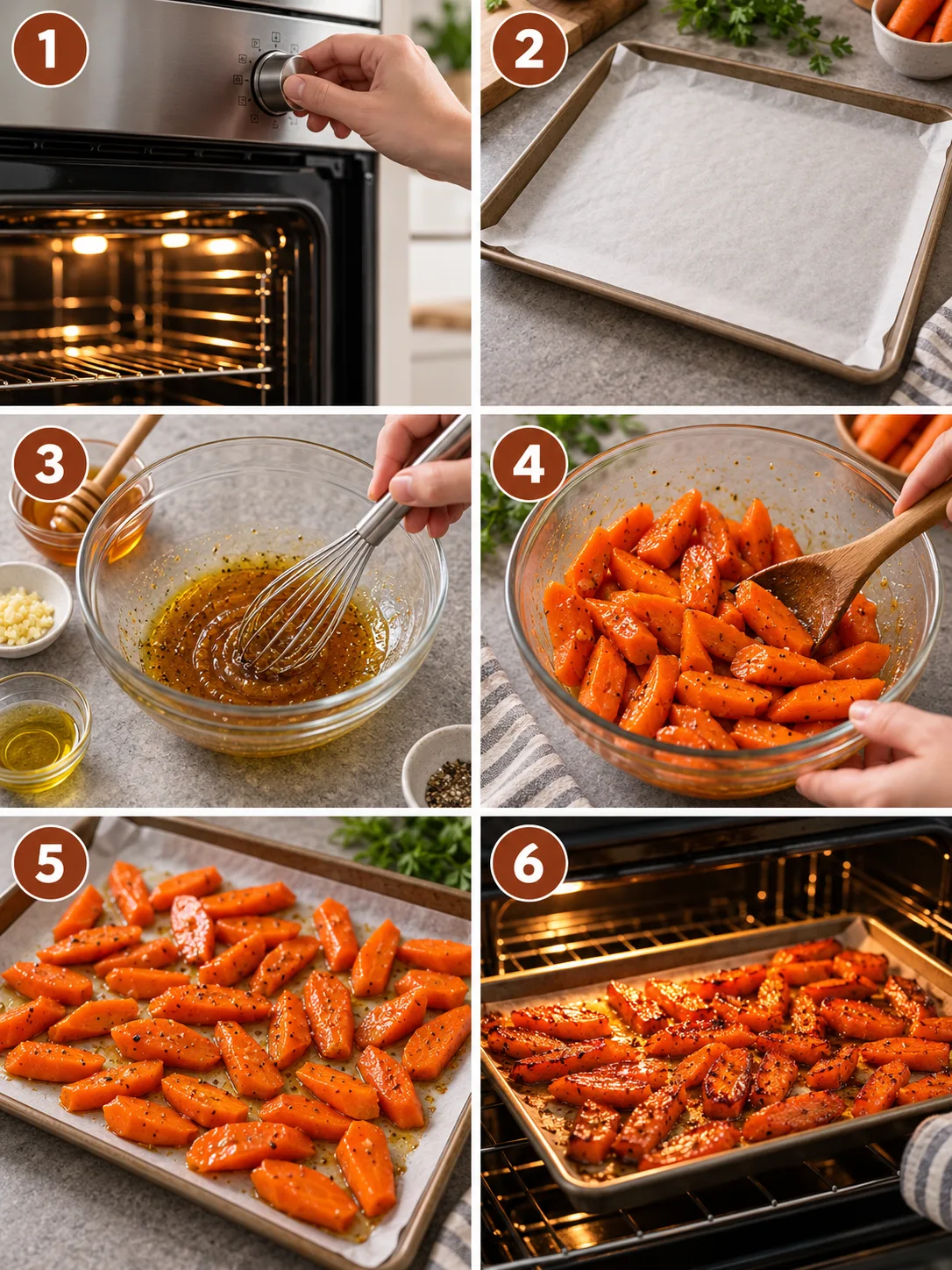 Step-by-step visual cooking guide showing key preparation stages for Easy Honey Glazed Carrots Recipe