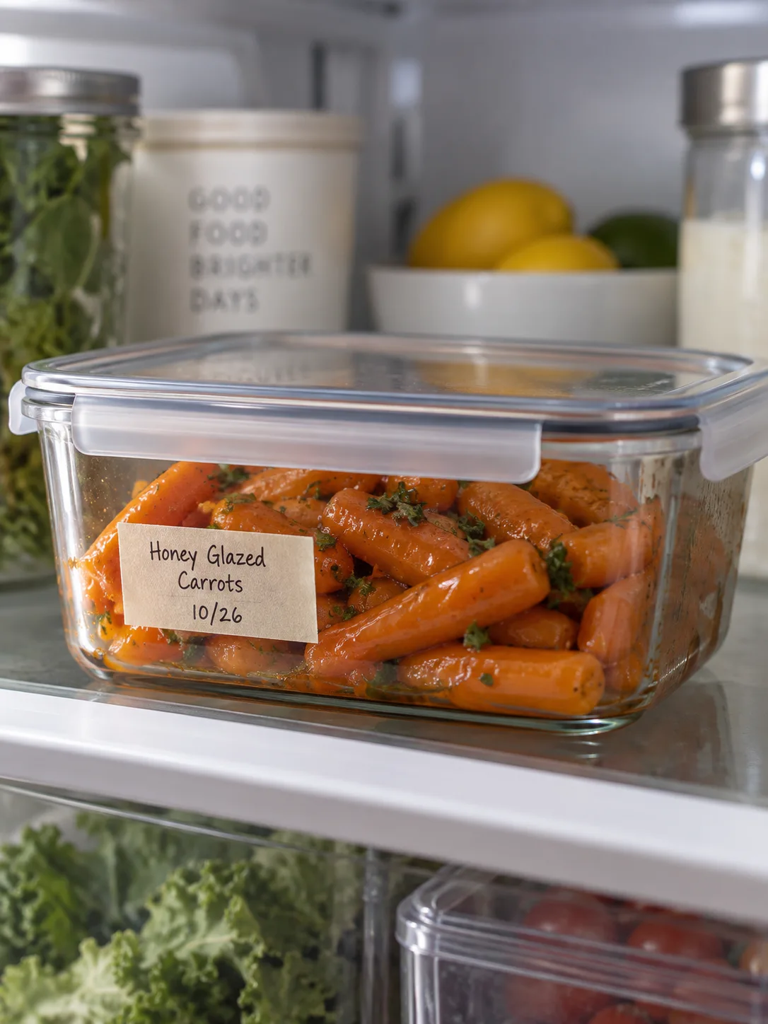 Stored leftovers of Easy Honey Glazed Carrots Recipe packed in an airtight glass container