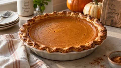 A beautifully styled, plated serving of homemade Easy Pumpkin Pie Recipe for Thanksgiving ready to enjoy