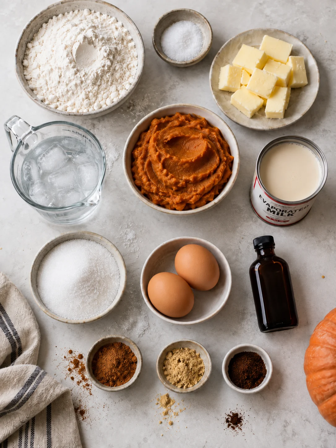 Flat-lay arrangement of fresh raw ingredients for preparing Easy Pumpkin Pie Recipe for Thanksgiving