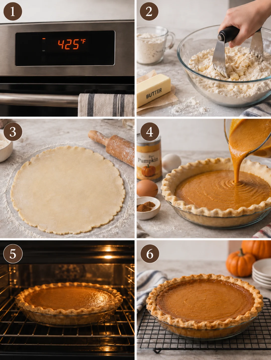 Step-by-step visual cooking guide showing key preparation stages for Easy Pumpkin Pie Recipe for Thanksgiving