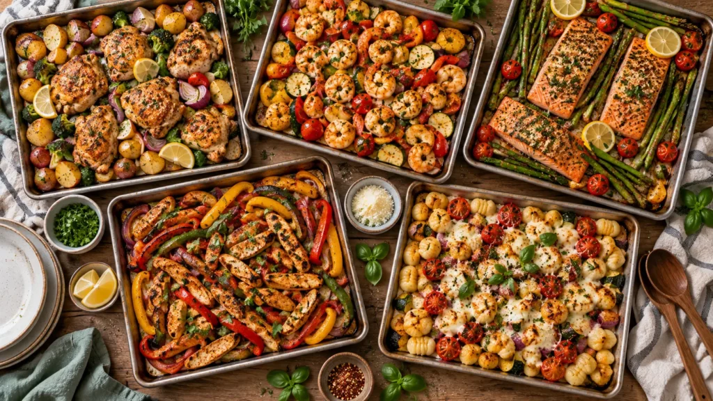 Easy sheet pan dinners with chicken, shrimp, salmon, fajitas and gnocchi