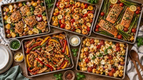 Easy sheet pan dinners with chicken, shrimp, salmon, fajitas and gnocchi