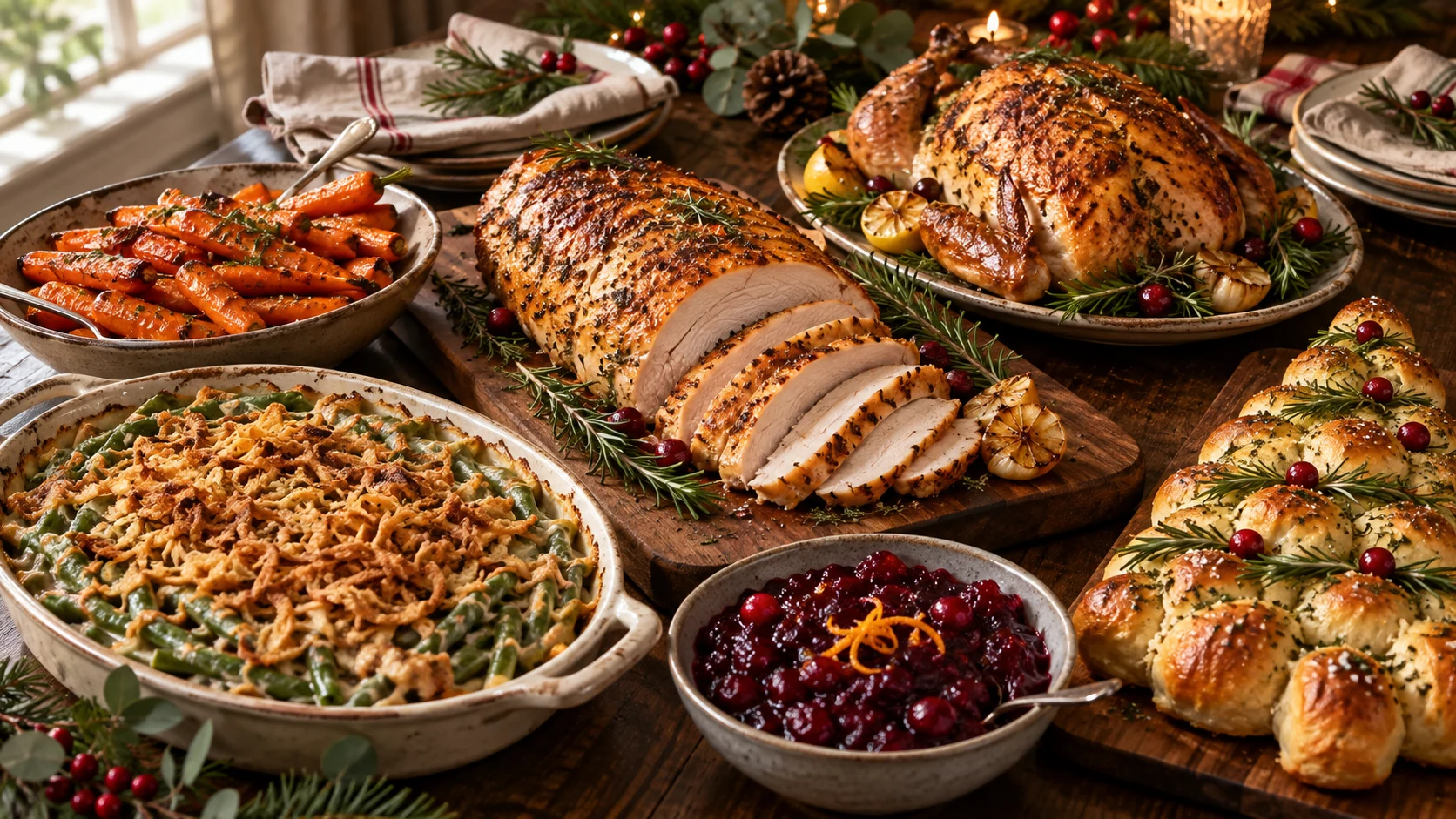A curated Christmas dinner table spread featuring roasted turkey breast, honey glazed carrots, green bean casserole, cranberry sauce, and festive pull-apart bread.