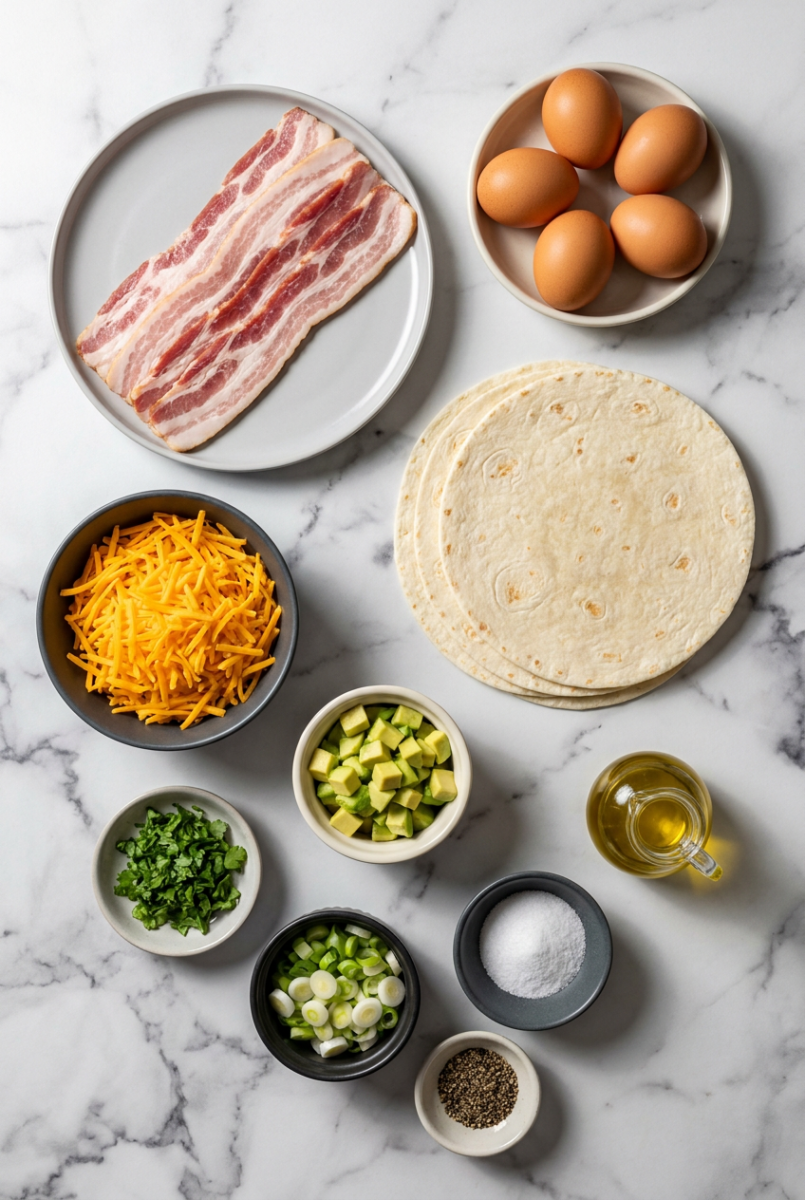 Flat lay of breakfast tacos ingredients including thick-cut bacon, fresh eggs, cotija cheese, and tortillas on white marble.