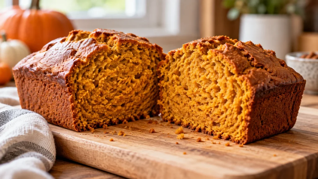 A sliced pumpkin bread loaf with a golden-brown crust and a moist interior, placed on a light wood kitchen table