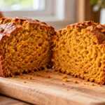 A sliced pumpkin bread loaf with a golden-brown crust and a moist interior, placed on a light wood kitchen table