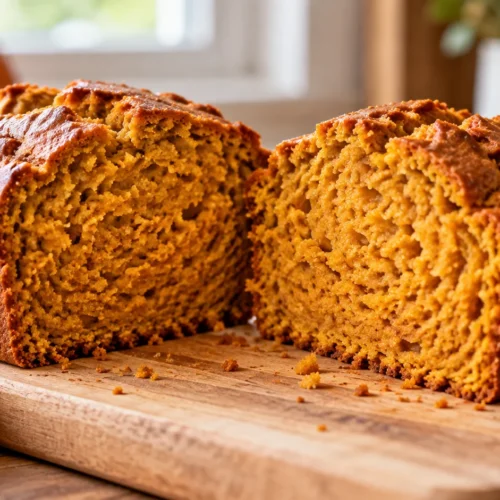 A sliced pumpkin bread loaf with a golden-brown crust and a moist interior, placed on a light wood kitchen table