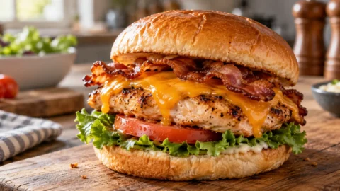 A grilled chicken sandwich with turkey bacon, cheese, lettuce, and tomato on a toasted bun