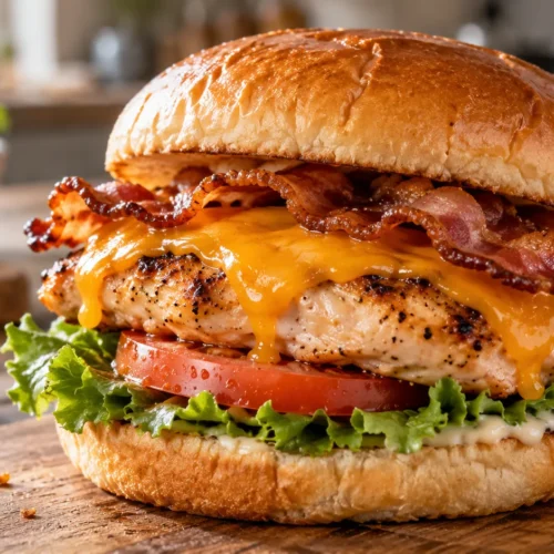 A grilled chicken sandwich with turkey bacon, cheese, lettuce, and tomato on a toasted bun