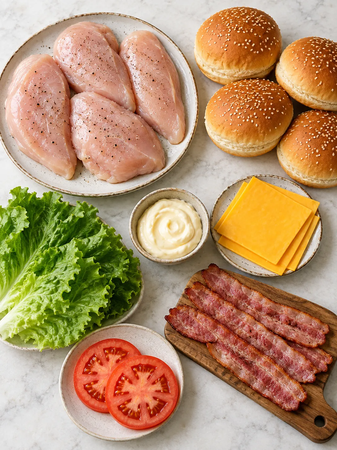 Raw ingredients for the grilled chicken sandwich, including chicken breasts, buns, cheese, mayonnaise, lettuce, tomato, and turkey bacon