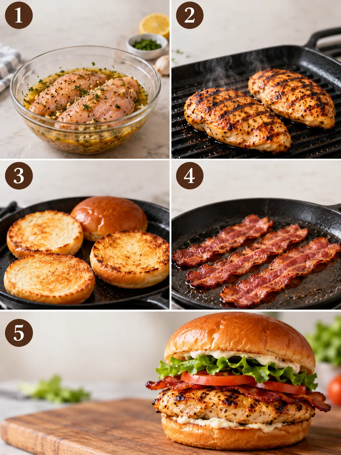 Step-by-step instructions for preparing the grilled chicken sandwich, including marinating, grilling, and assembling